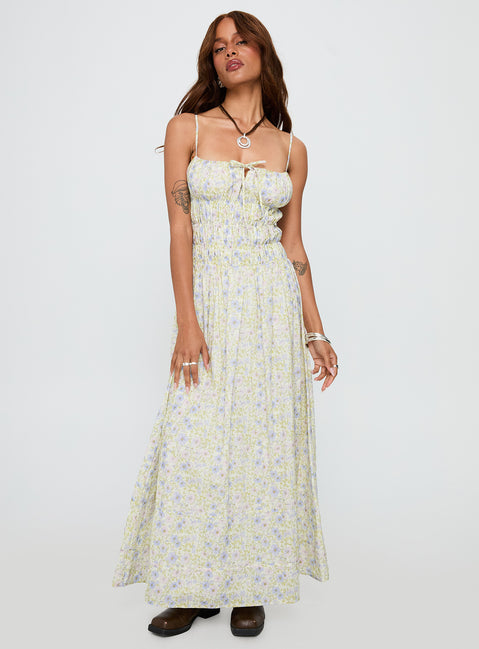 front view of model wearing Princess Polly Loralei Shirred Maxi Dress Floral Square Neck 