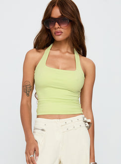 front view of model wearing Princess Polly Assumptions Halter Top Sage Sleeveless Square Neck 