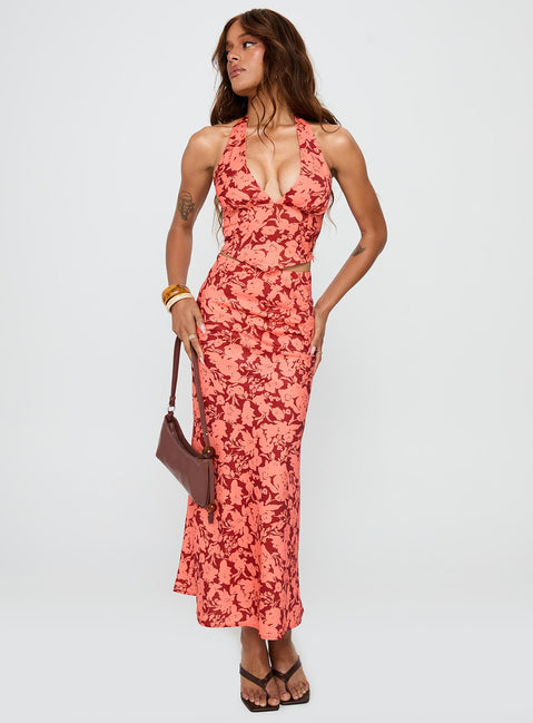   front view of model wearing Princess Polly Casablanca Maxi Skirt Red Floral Maxi 