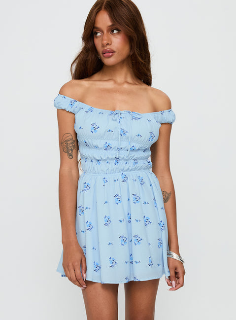 side view of model wearing Princess Polly These Are The Days Shirred Mini Dress Blue Multi Straight Neck 