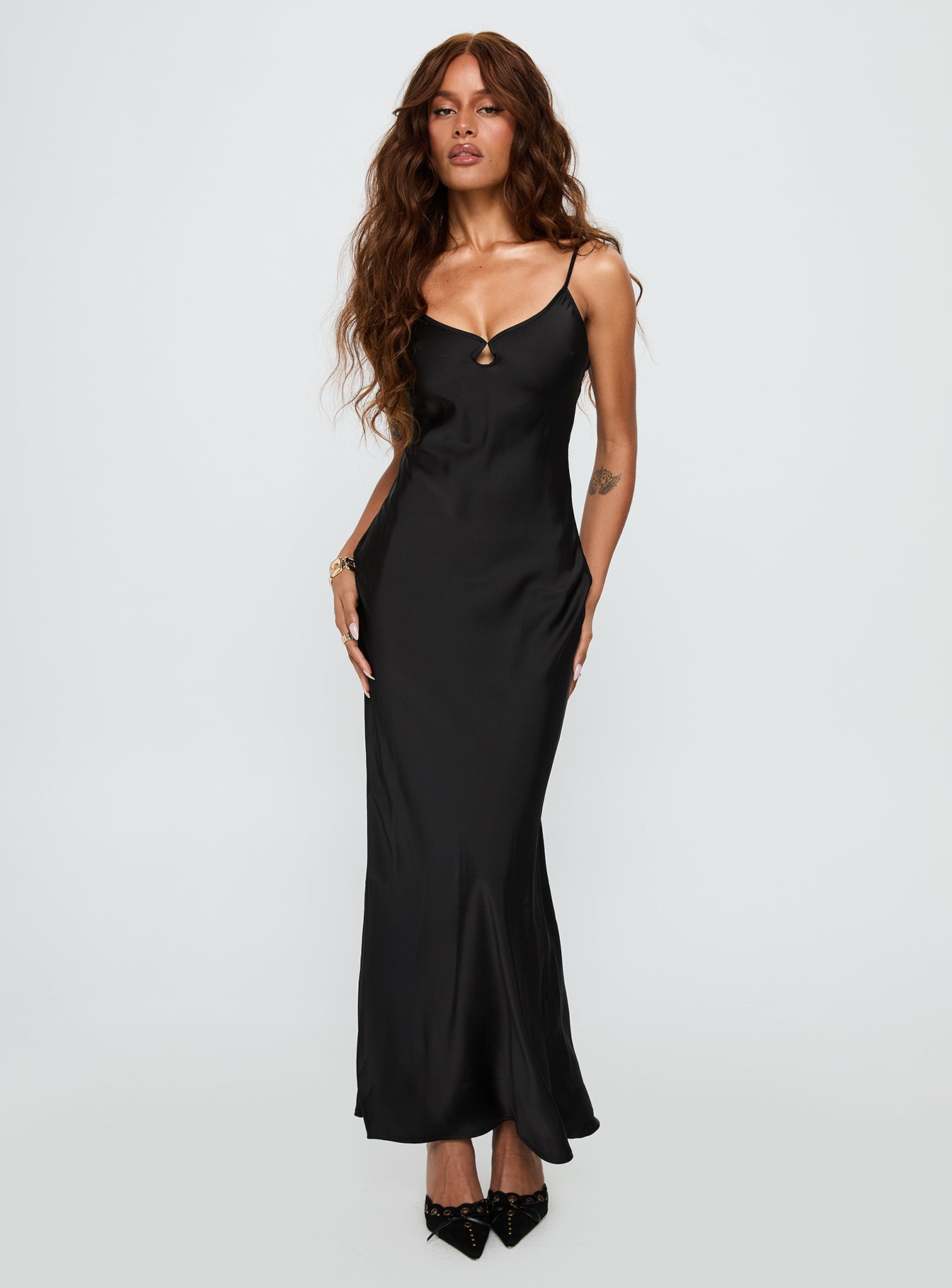 side view of model wearing Princess Polly Mind Reader Maxi Dress Black Scoop Neck 