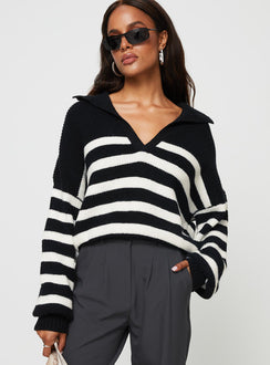 front view of model wearing Princess Polly Williamson Stripe Sweater Black / Cream 