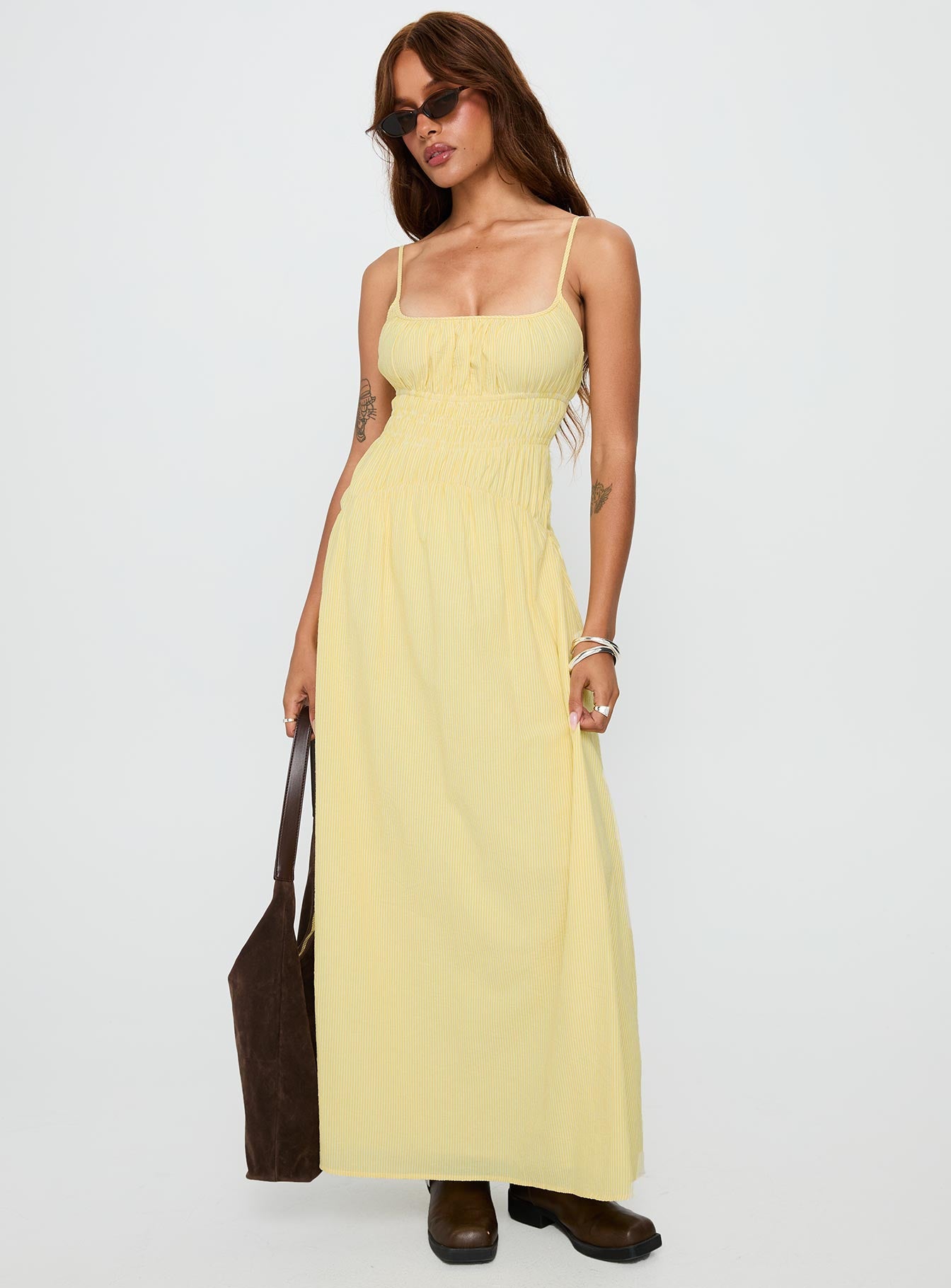 front view of model wearing Princess Polly Magnolie Shirred Maxi Dress Yellow Stripe Square Neck 