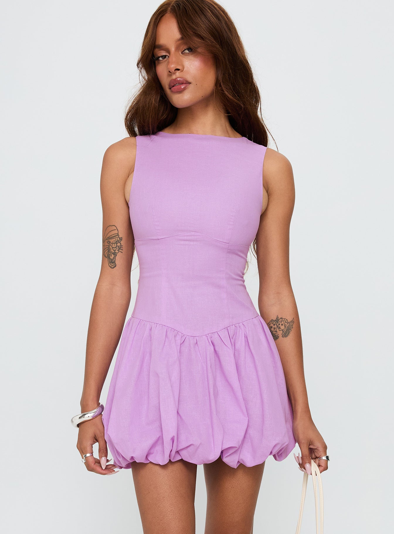 front view of model wearing Princess Polly Cicely Bubble Hem Mini Dress Lilac Crew Neck 