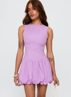 front view of model wearing Princess Polly Cicely Bubble Hem Mini Dress Lilac Crew Neck 