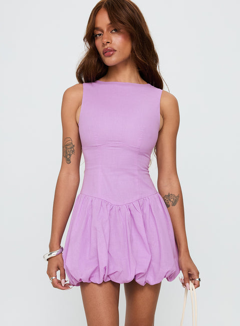 front view of model wearing Princess Polly Cicely Bubble Hem Mini Dress Lilac Crew Neck 