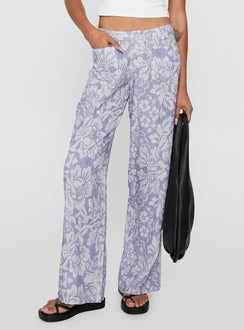 side view of model wearing Princess Polly Vendi Low Rise Pant Lilac Floral Low Rise Pants 