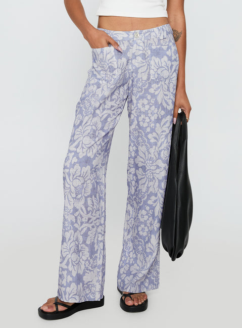 side view of model wearing Princess Polly Vendi Low Rise Pant Lilac Floral Low Rise Pants 