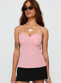 side view of model wearing Princess Polly In Your Palm Top Red Stripe Sleeveless Sweetheart 