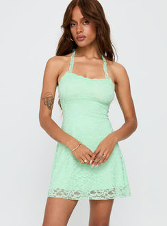 front view of model wearing Princess Polly Front Page Halter Lace Mini Dress Aqua Square Neck 