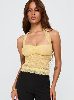 front view of model wearing Princess Polly Fantasize Lace Halter Top Yellow Sleeveless Sweetheart 