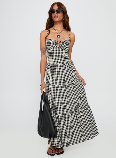front view of model wearing Princess Polly Avaleine Tiered Maxi Dress Black / White Check Sweetheart Neckline 