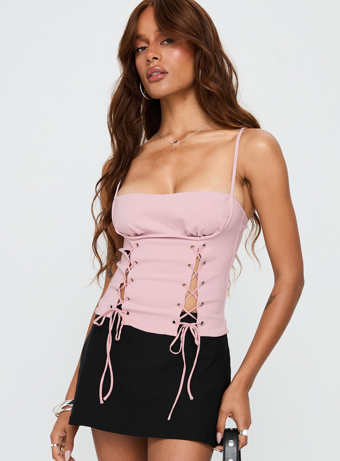 side view of model wearing Princess Polly Kiss And Tell Top Blush Sleeveless Square Neck 