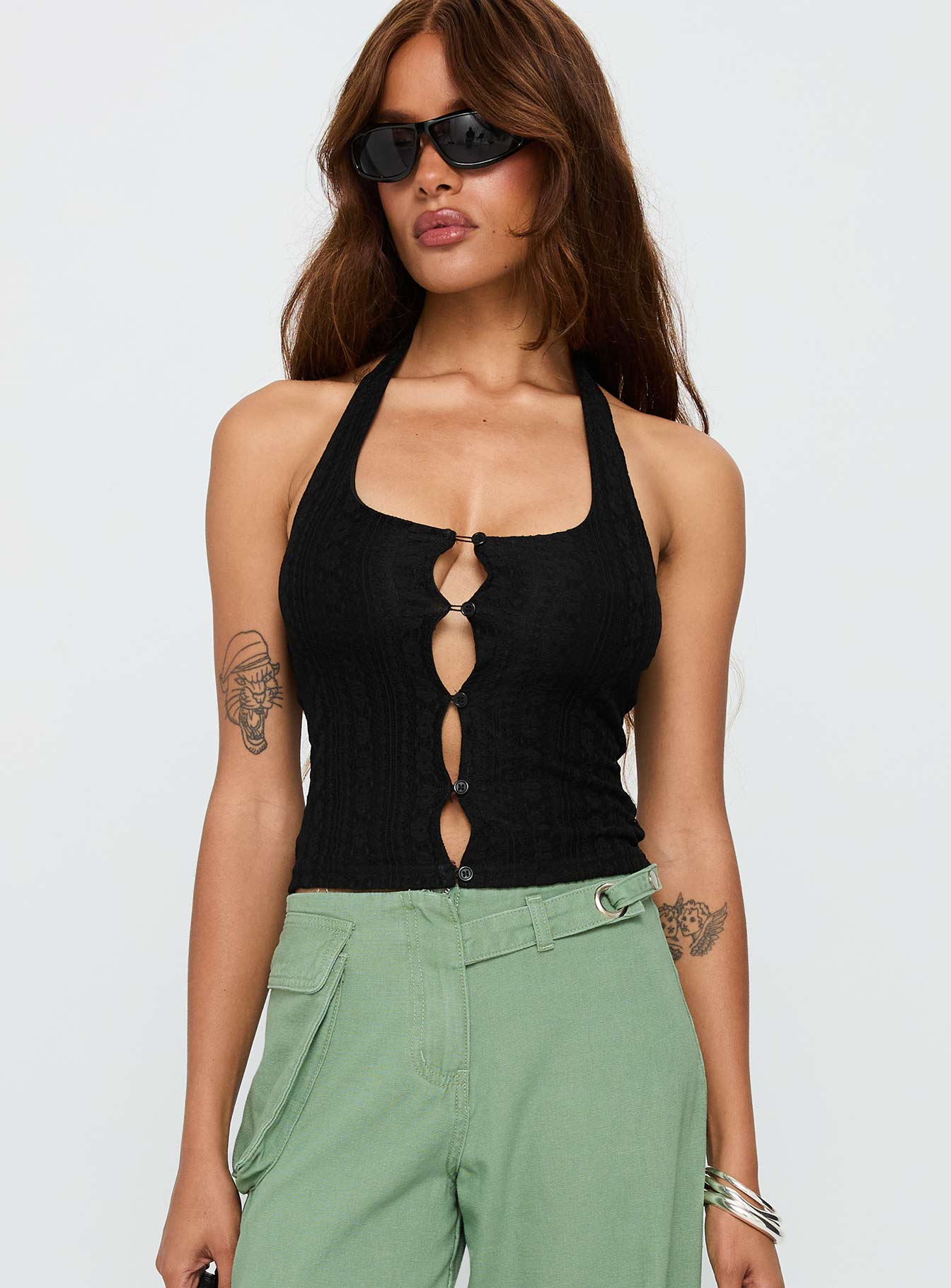 front view of model wearing Princess Polly Just Talk Button Up Top Black Sleeveless Scoop Neck 