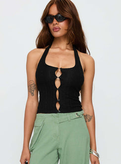 front view of model wearing Princess Polly Just Talk Button Up Top Black Sleeveless Scoop Neck 