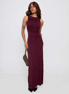 side view of model wearing Princess Polly Undeniable Cut Out Maxi Dress Plum Crew Neck 