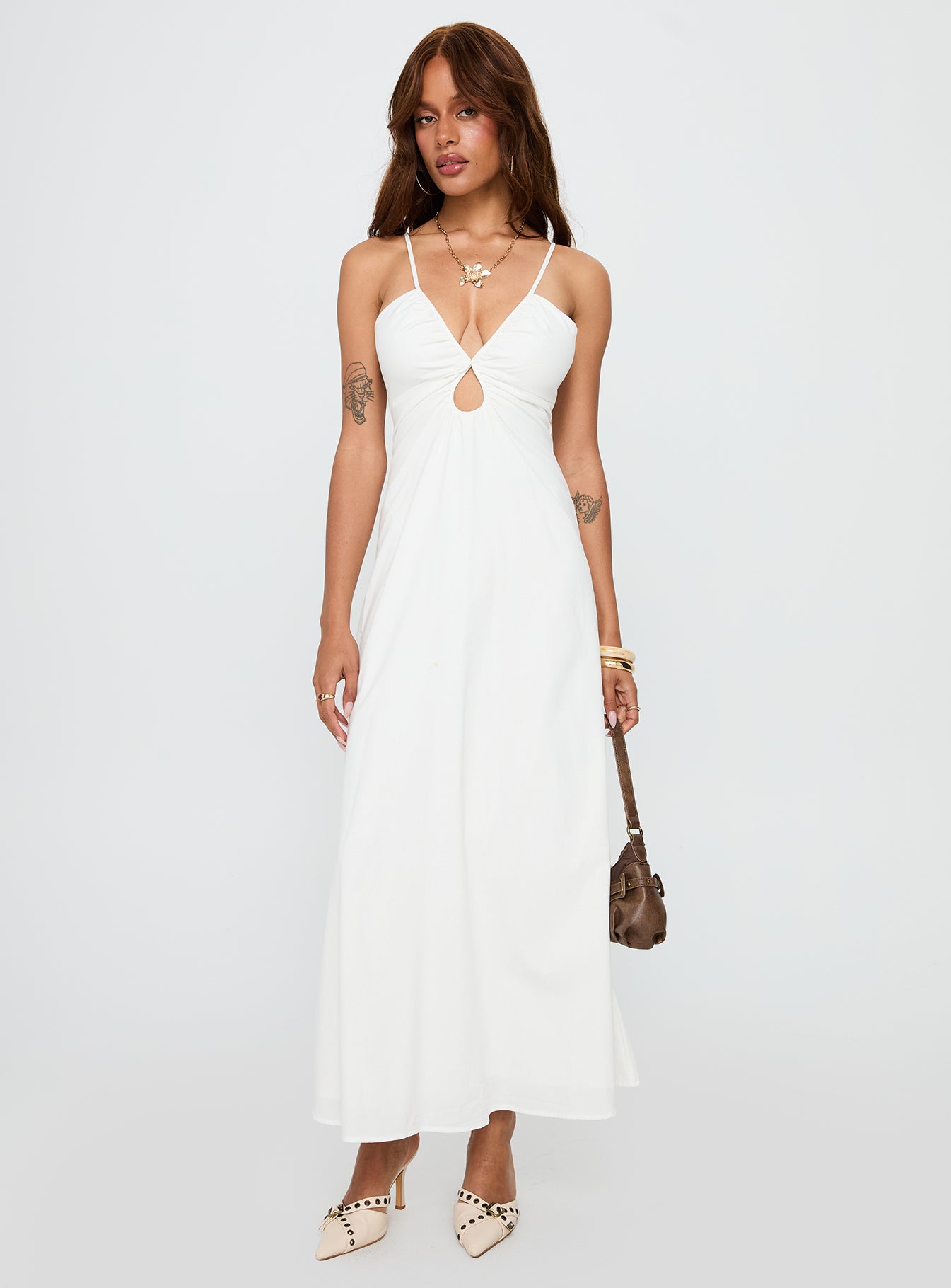 front view of model wearing Princess Polly Harkonnen Maxi Dress White Plunger 