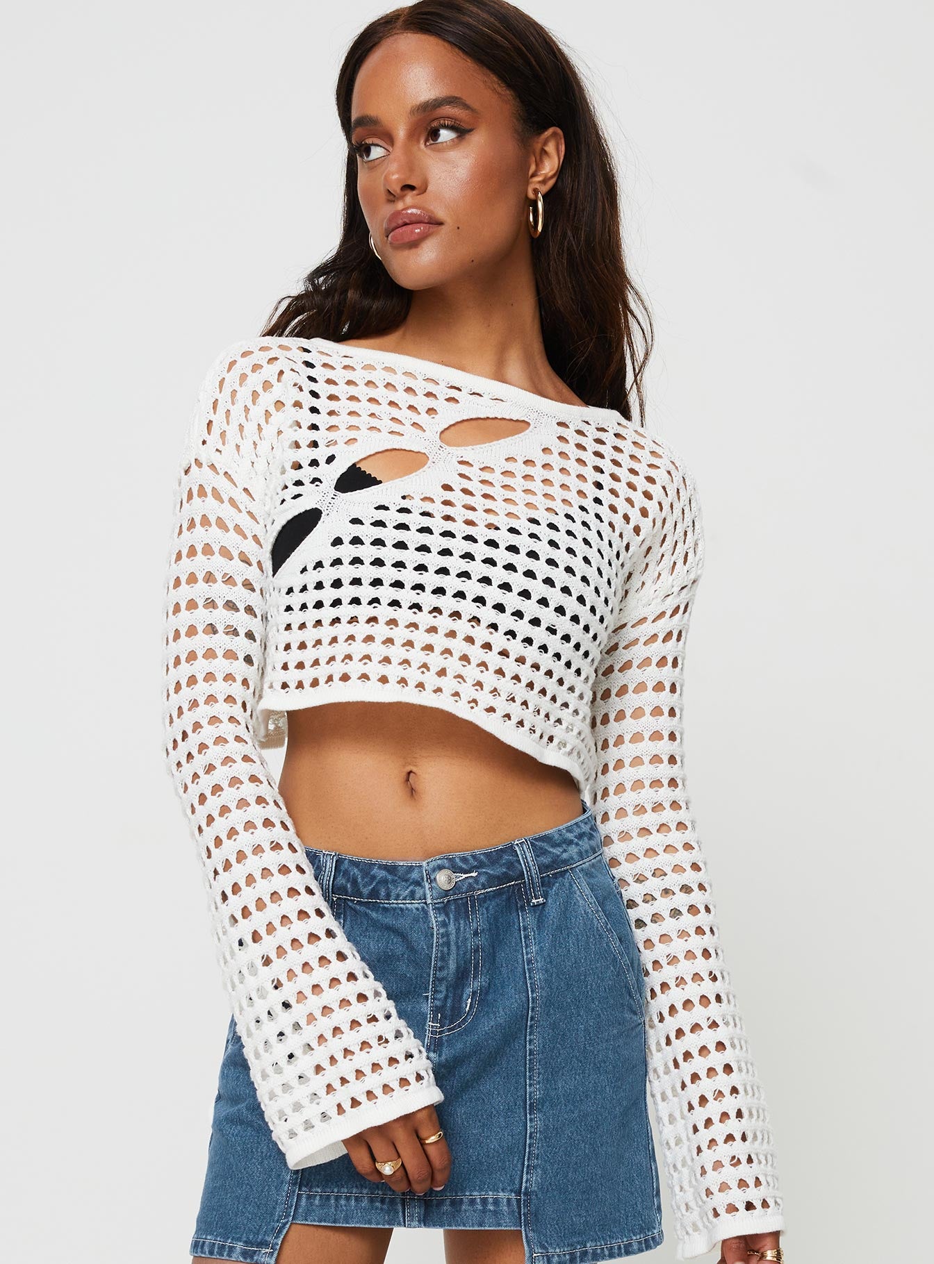 Acacia Asymmetric Cut-Out Sweater Cream Princess Polly  Cropped 