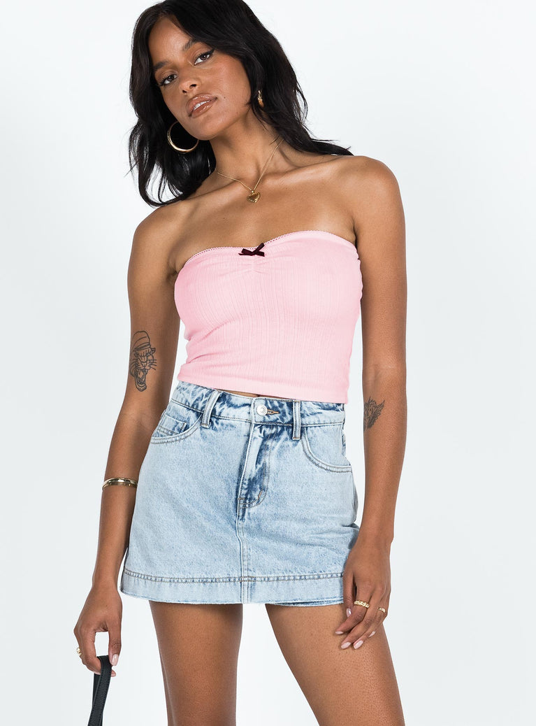 side view of model wearing Princess Polly Heuston Skort Denim Lower Impact High Waisted Shorts 