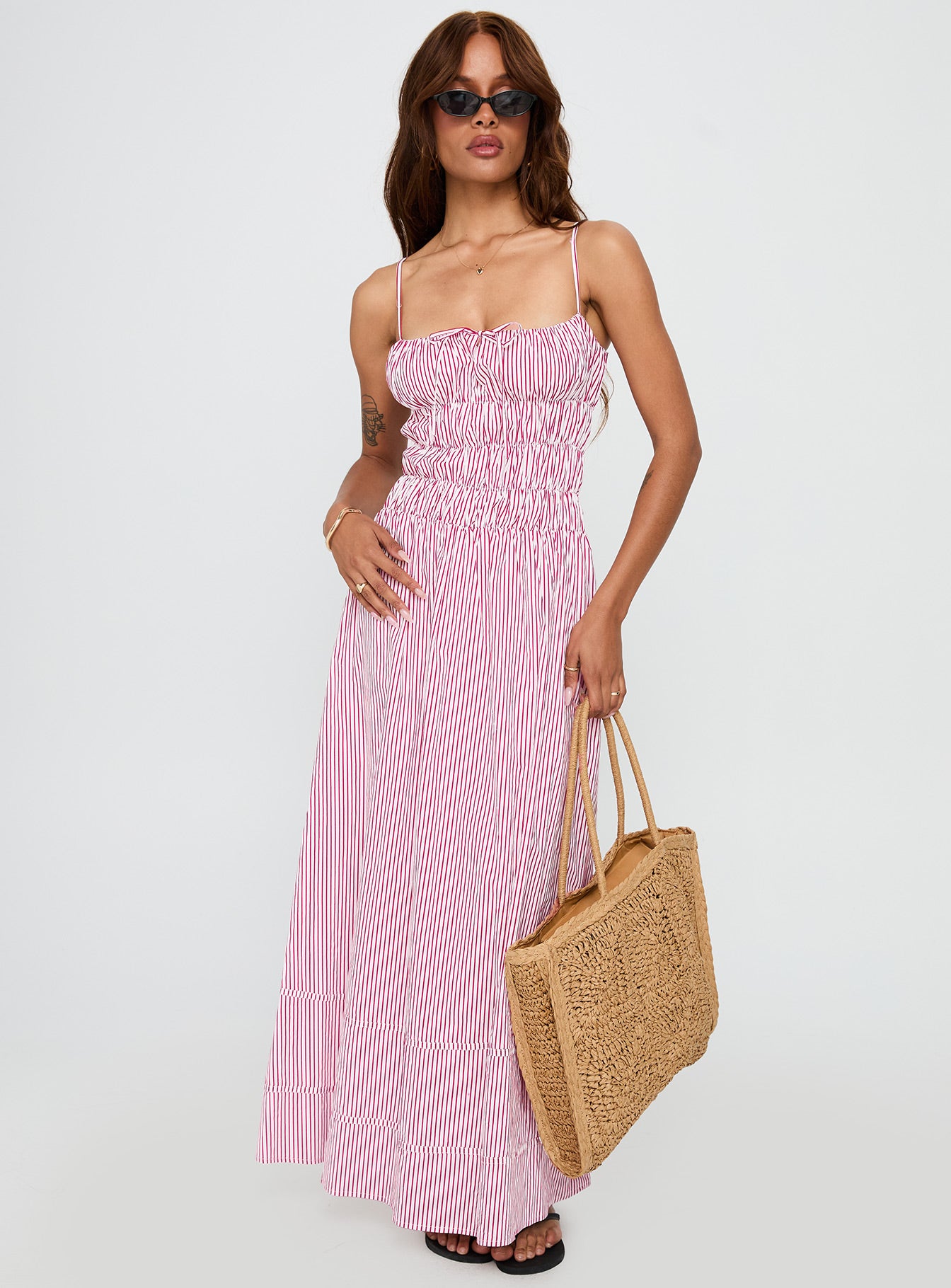 front view of model wearing Princess Polly Loralei Shirred Maxi Dress Red Stripe Square Neck 