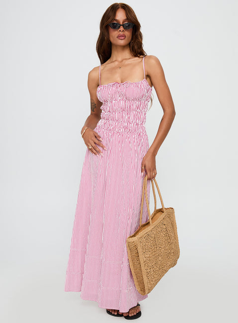 front view of model wearing Princess Polly Loralei Shirred Maxi Dress Red Stripe Square Neck 