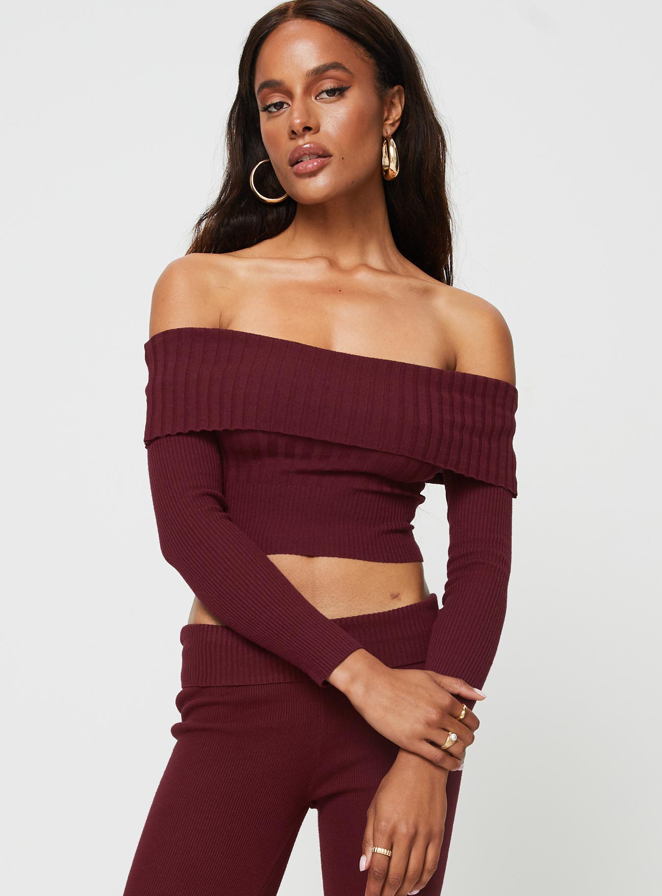 Raabta maroon off online shoulder top