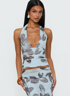 Roselin Mesh Halter Top Blue Floral