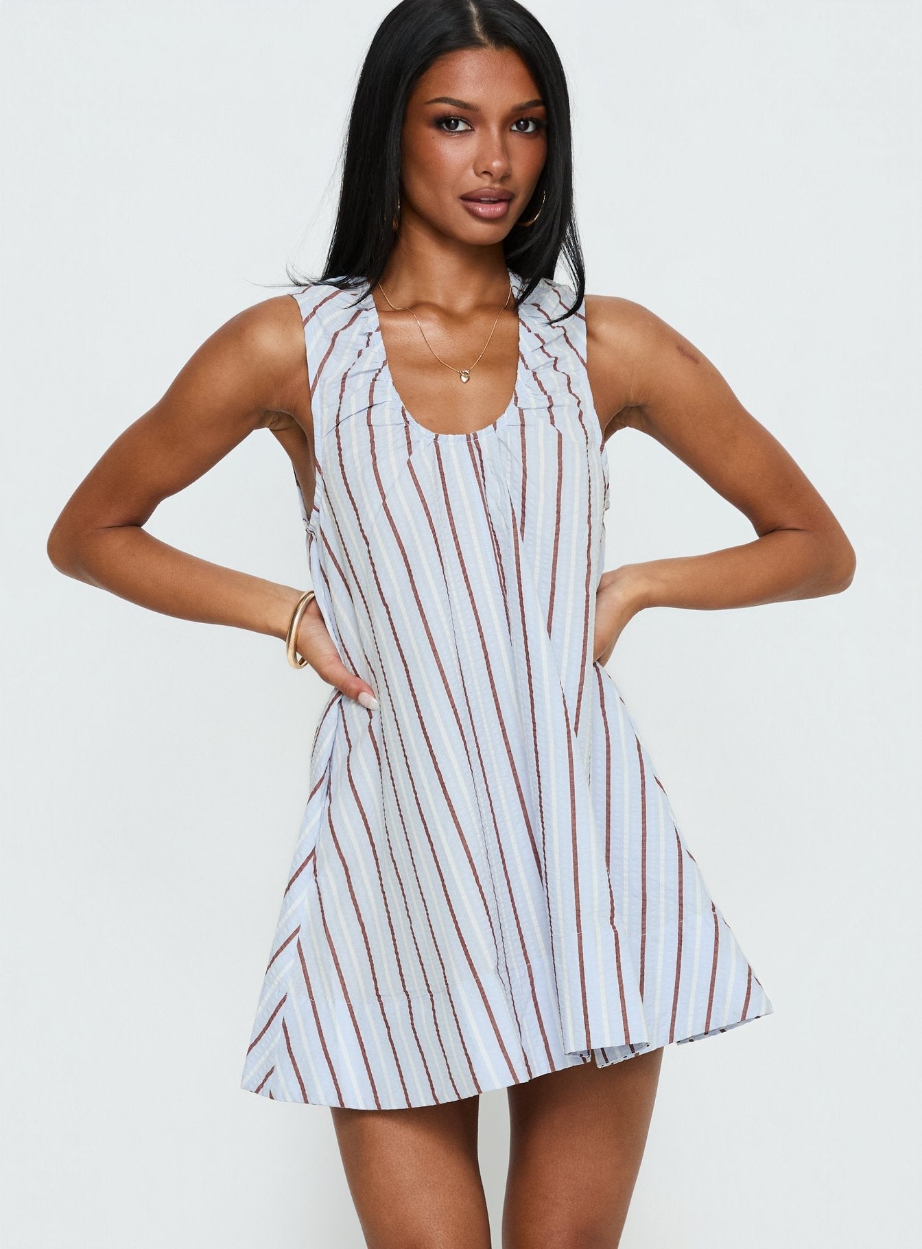 Eberta Ruched Baby Doll Mini Dress Blue Stripe