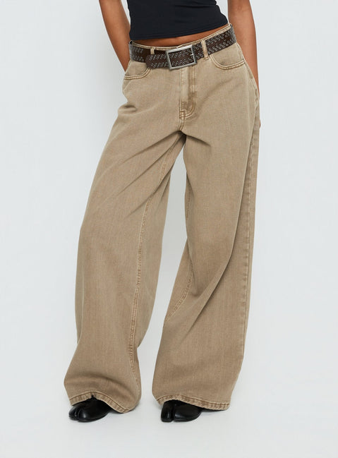 back view of model wearing Princess Polly Naylor Mid Rise Wide Leg Jeans Light Brown Wash Mid Rise Jeans Jeans 