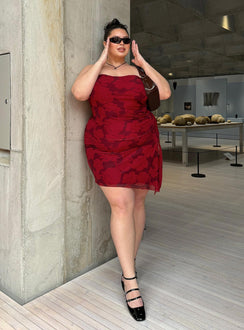 front view of model wearing Princess Polly Donelli Mini Dress Burgundy / Red Floral Curve Straight Neck 