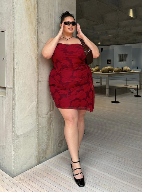 front view of model wearing Princess Polly Donelli Mini Dress Burgundy / Red Floral Curve Straight Neck 