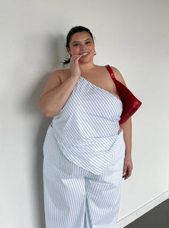 side view of model wearing Princess Polly Collied Asymmetric Top Blue / White Stripe Curve Sleeveless Asymmetric Neckline 