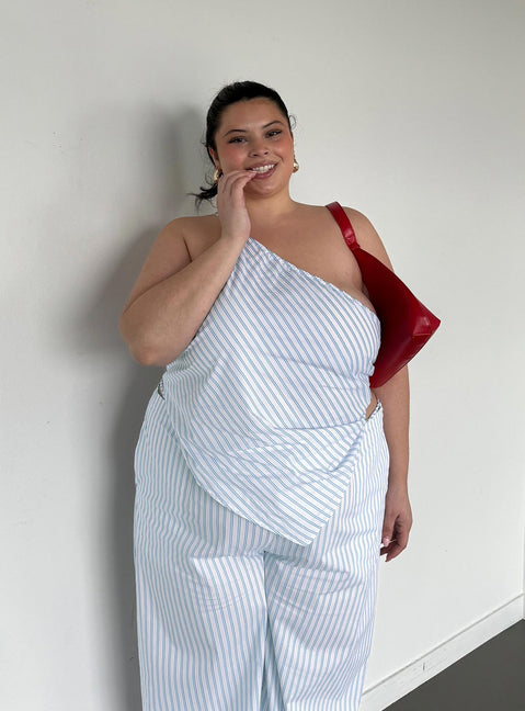 side view of model wearing Princess Polly Collied Asymmetric Top Blue / White Stripe Curve Sleeveless Asymmetric Neckline 