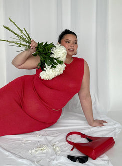 back view of model wearing Princess Polly Hugs & Kisses Knit Maxi Skirt Red Curve Maxi 