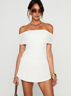 front view of model wearing Princess Polly Lucianne Off The Shoulder Mini Dress White Straight Neck 