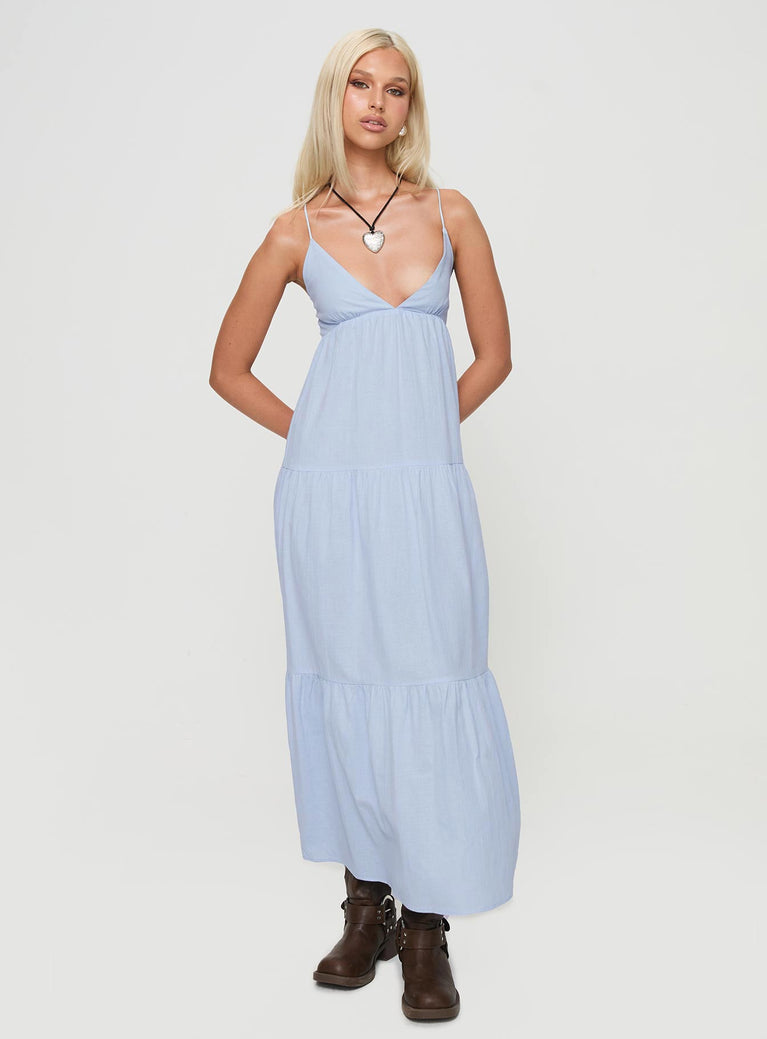 Maxi dress V-neckline, adjustable shoulder straps with tie fastening, invisible zip fastening at side, tiered design Non-stretch material, fully lined