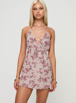 front view of model wearing Princess Polly Renaud Mini Dress Pink Floral Plunger 