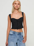 Pinstriped bustier top Cropped fit, hook & eye fastening, adjustable straps Non-stretch material, fully lined 