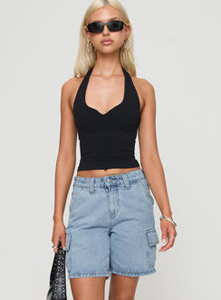 front view of model wearing Princess Polly Mika Carpenter Denim Shorts Light Wash High Waisted Shorts 