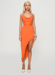 front view of model wearing Princess Polly Azurea Midi Dress Orange Cowl Neck 