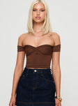 front view of model wearing Princess Polly Larisha Off The Shoulder Top Brown Short Sleeves Sweetheart 