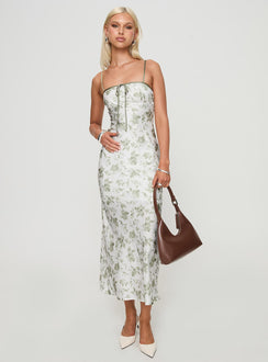 front view of model wearing Princess Polly Vasiliki Maxi Dress White / Green Floral Square Neck 