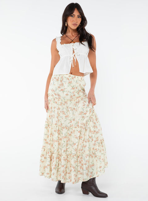 Front view of model wearing  front Miriah Maxi Skirt Cream Floral Princess Polly  Midi Skirts 
