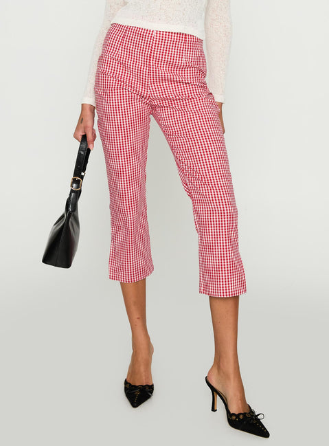 back view of model wearing Princess Polly Mignonette Capri Pant Red Gingham 
