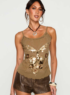 front view of model wearing Princess Polly Start Of Summer Sequin Top Brown Sleeveless Scoop Neck 