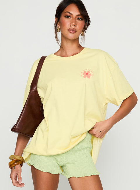 front view of model wearing Princess Polly Firenze Flower Market Graphic Top Yellow Half Sleeves Crew Neck 