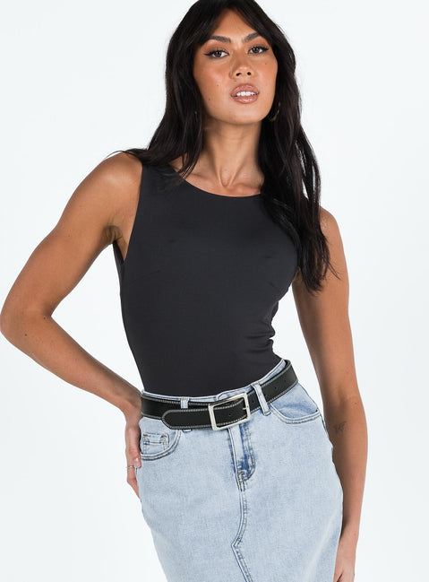 front view of model wearing Princess Polly Beresford Bodysuit Black Sleeveless Scoop Neck 