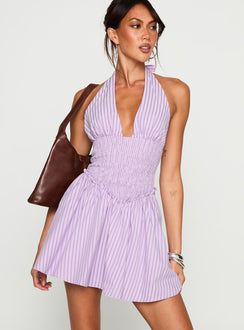 front view of model wearing Princess Polly Attracted Halter Mini Dress Purple Stripe Plunger 
