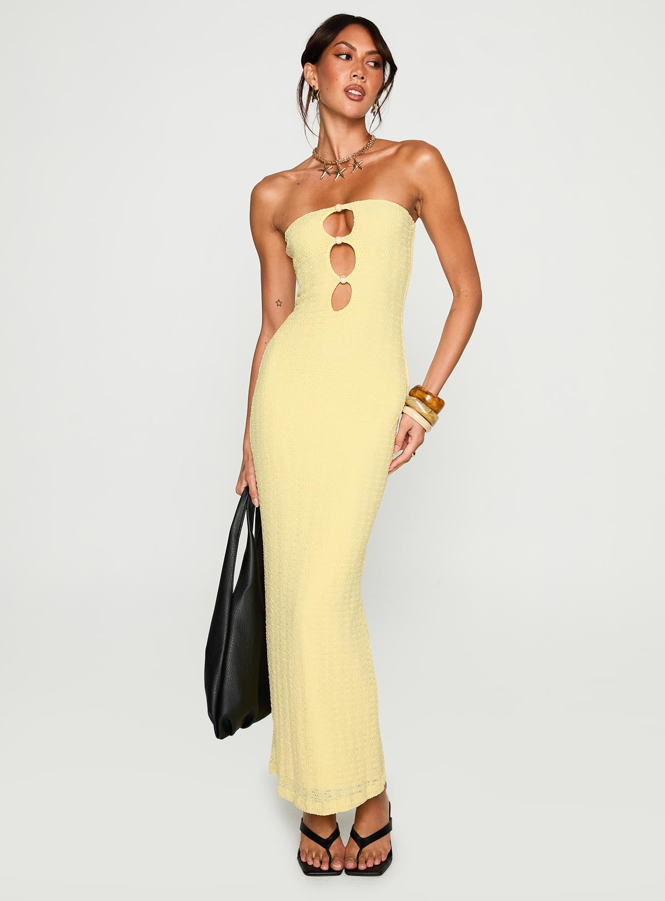 front view of model wearing Princess Polly Saijana Strapless Maxi Dress Lemon Straight Neck 