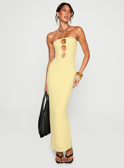 front view of model wearing Princess Polly Saijana Strapless Maxi Dress Lemon Straight Neck 